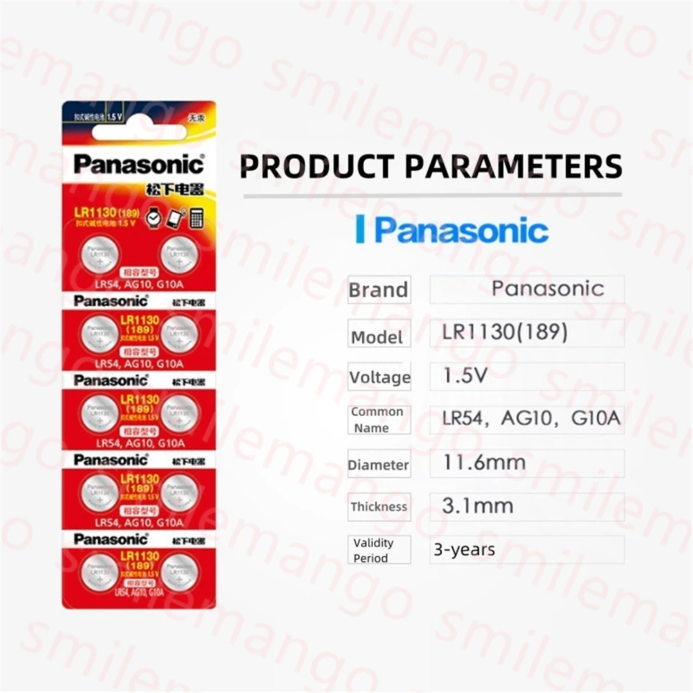 10PCS Panasonic алкална батерия с бутон 189 LR1130 AG10 SR1130 389 LR54 SR54 1.5V за часовник калкулатор играчка термометър Изображение 1