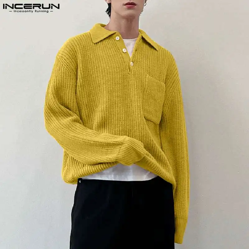 2023 Мъжки пуловер плътен цвят ревера дълъг ръкав улично облекло есен мъжки пуловери трикотажни корейски ежедневни мъжки дрехи S-5XL INCERUN Изображение 1