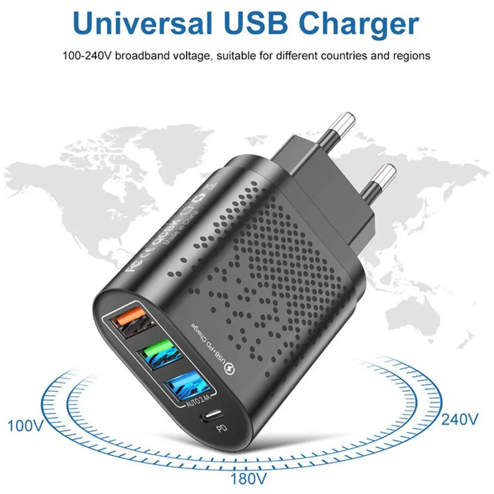 Portable EU UK САЩ Тип C QC3.0 Бързо зарядно устройство 3 USB зарядно зарядно адаптер PD за Xiaomi Samsung Huawei Изображение 1
