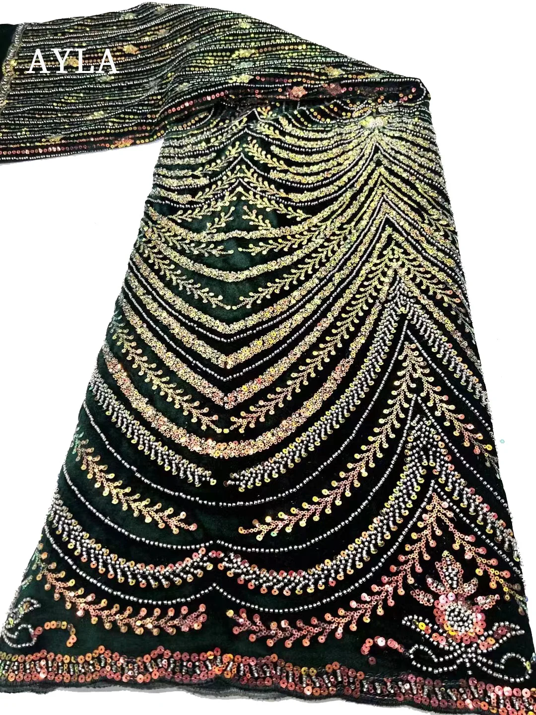 Висококачествена кадифена дантелена тъкан 2023 Дантела с мъниста бродерия за рокля Шиене, Royal Blue нигерийски пайети тъкани в продажба Изображение 1