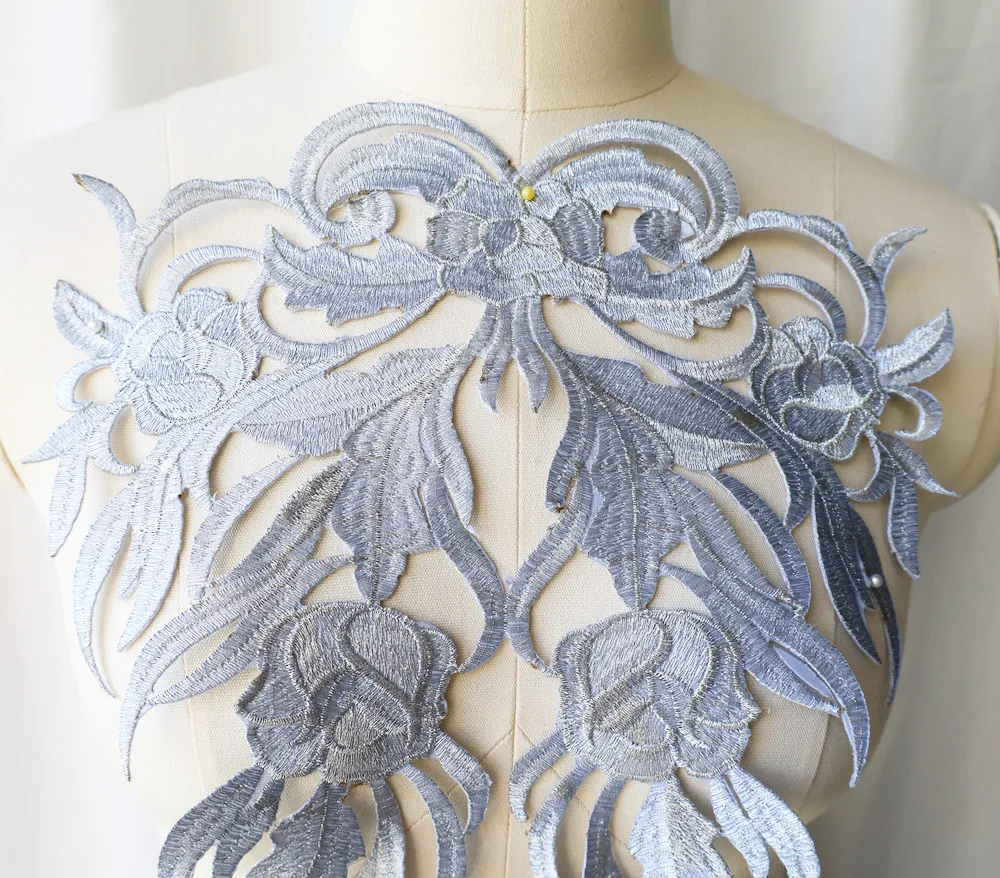 Голяма бродерия бароков сребърен цвете апликация плат яка шият желязо кръпка сватба булчинска рокля рокля DIY дрехи декор занаяти Изображение 1