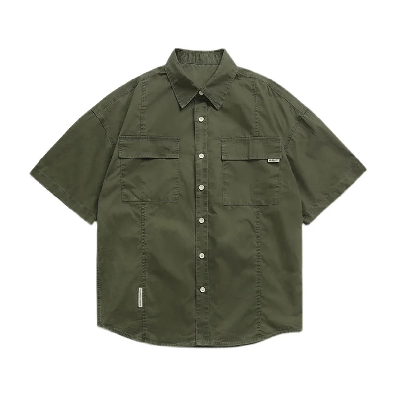 Лято Японски товари къс ръкав риза Мъжки джобове бутон завой-надолу яка ризи мода случайни жилетка блузи върховете Изображение 1