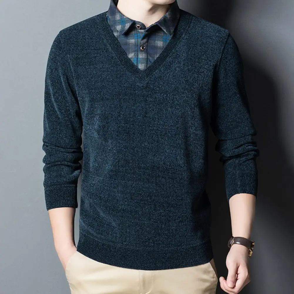 Мъжки дебел пуловер на средна възраст мъжки кариран печат пуловер с ревера бутон еластичен маншет дебела топла бизнес риза за есен зима Изображение 1
