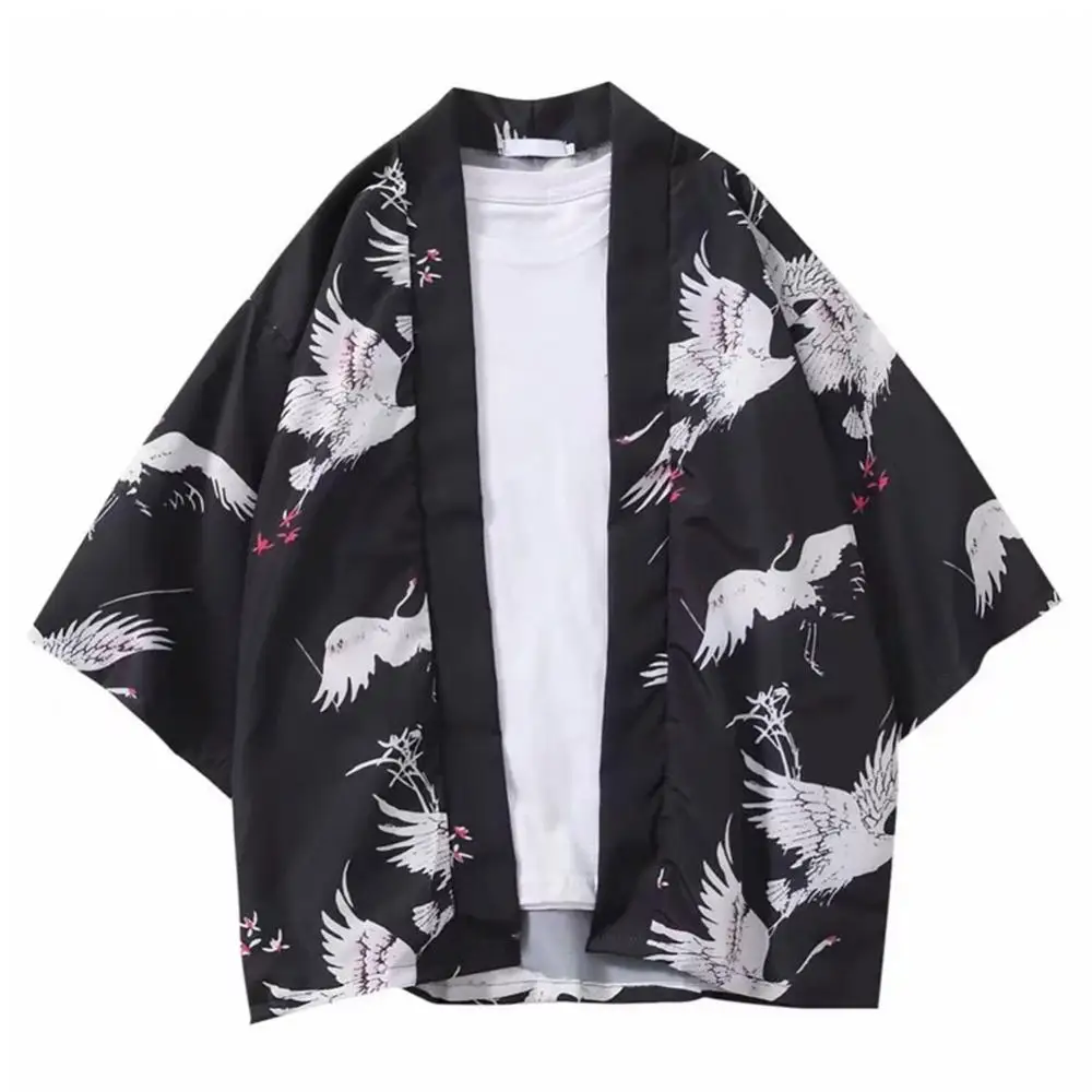 Палто мъже риза случайни летящ кран фронт отворен 3/4 ръкав кимоно жилетка юката риза Изображение 1