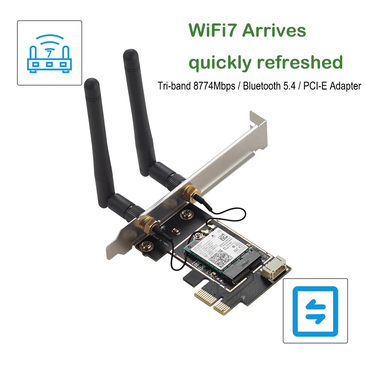 IOCREST Безжичен WiFi 7 Intel BE200 PCI-E мрежова карта Bluetooth 5.4 Tri Band 2.4G&5G&6GHz 8774Mbps BE200NGW чип 802.11be Изображение 2