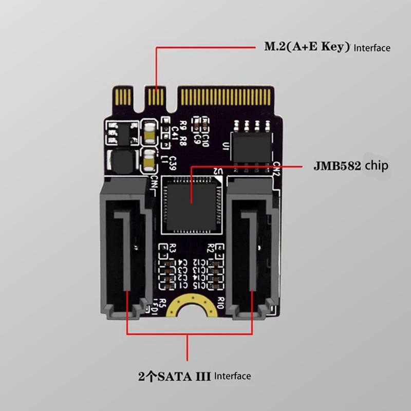  Riser Card M.2 (A + E ключ) Към 2-портов SATA3.0 ключ за разширителна карта A + E Wifi M.2 към SATA карта за адаптер на твърдия диск Изображение 2