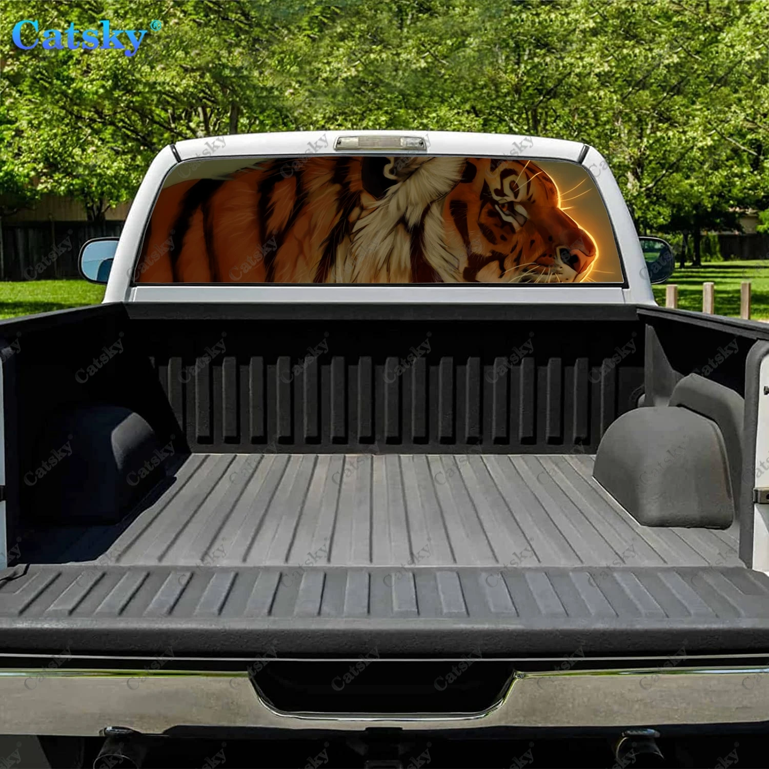 Skyfire Tiger Animal Rear Window Decal се вписва в пикап, камион, кола Universal See Through перфориран заден прозорец винил стикер Изображение 2