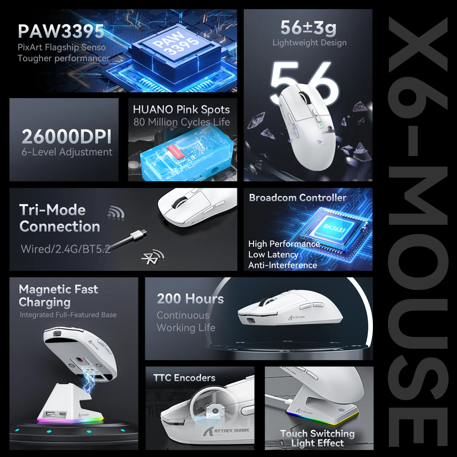 Атака акула X6 три режима мишка BT5.2 безжична 2.4g кабелна лека геймърска мишка 26000DPI 1000HZ 650IPS 50G PAW3395 мишки Изображение 2