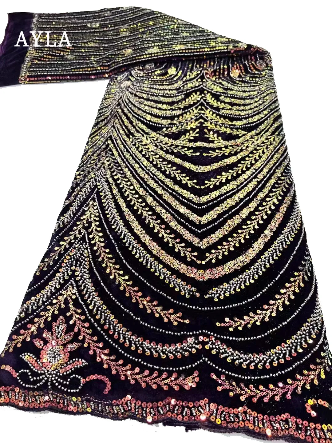 Висококачествена кадифена дантелена тъкан 2023 Дантела с мъниста бродерия за рокля Шиене, Royal Blue нигерийски пайети тъкани в продажба Изображение 2
