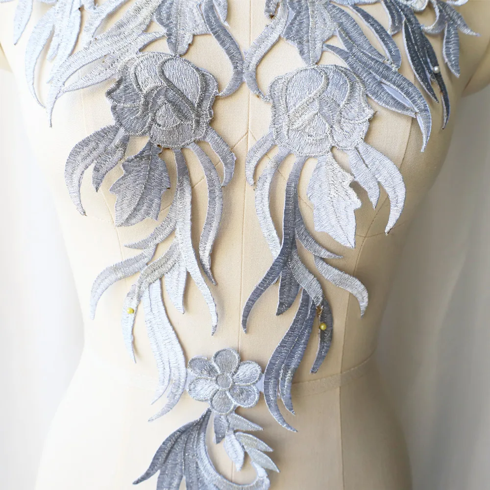 Голяма бродерия бароков сребърен цвете апликация плат яка шият желязо кръпка сватба булчинска рокля рокля DIY дрехи декор занаяти Изображение 2