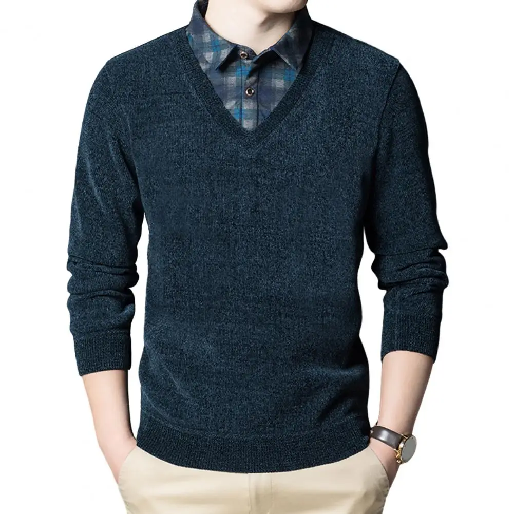 Мъжки дебел пуловер на средна възраст мъжки кариран печат пуловер с ревера бутон еластичен маншет дебела топла бизнес риза за есен зима Изображение 2