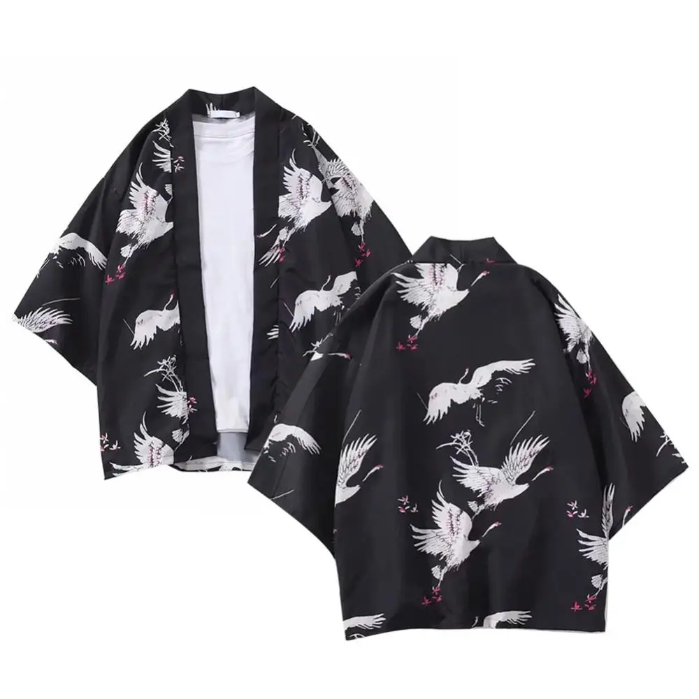 Палто мъже риза случайни летящ кран фронт отворен 3/4 ръкав кимоно жилетка юката риза Изображение 2