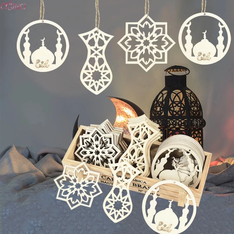 10Pcs дървени висулки Eid Мубарак Рамадан орнамент висящи висулка Ейд Мубарак фенери парти доставки Луната Eid Al-Fitr декор Изображение 3
