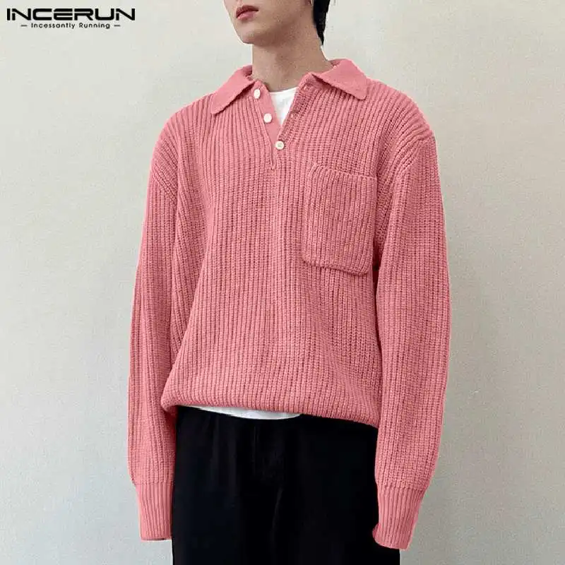 2023 Мъжки пуловер плътен цвят ревера дълъг ръкав улично облекло есен мъжки пуловери трикотажни корейски ежедневни мъжки дрехи S-5XL INCERUN Изображение 3