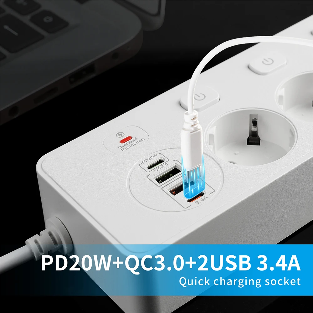 EU Plug AC Outlet Power Strip Multi Outlet 2M удължителен кабел Мрежов филтър с 4USB PD 20W Бързо зареждане Защита от пренапрежение Изображение 3