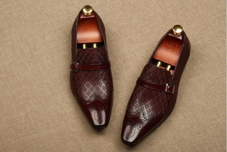 New Summer High отгоре заострени пръсти ръчно изработени обувки от естествена кожа официални обувки brogue приплъзване на издълбани мъжки бизнес обувки Изображение 3