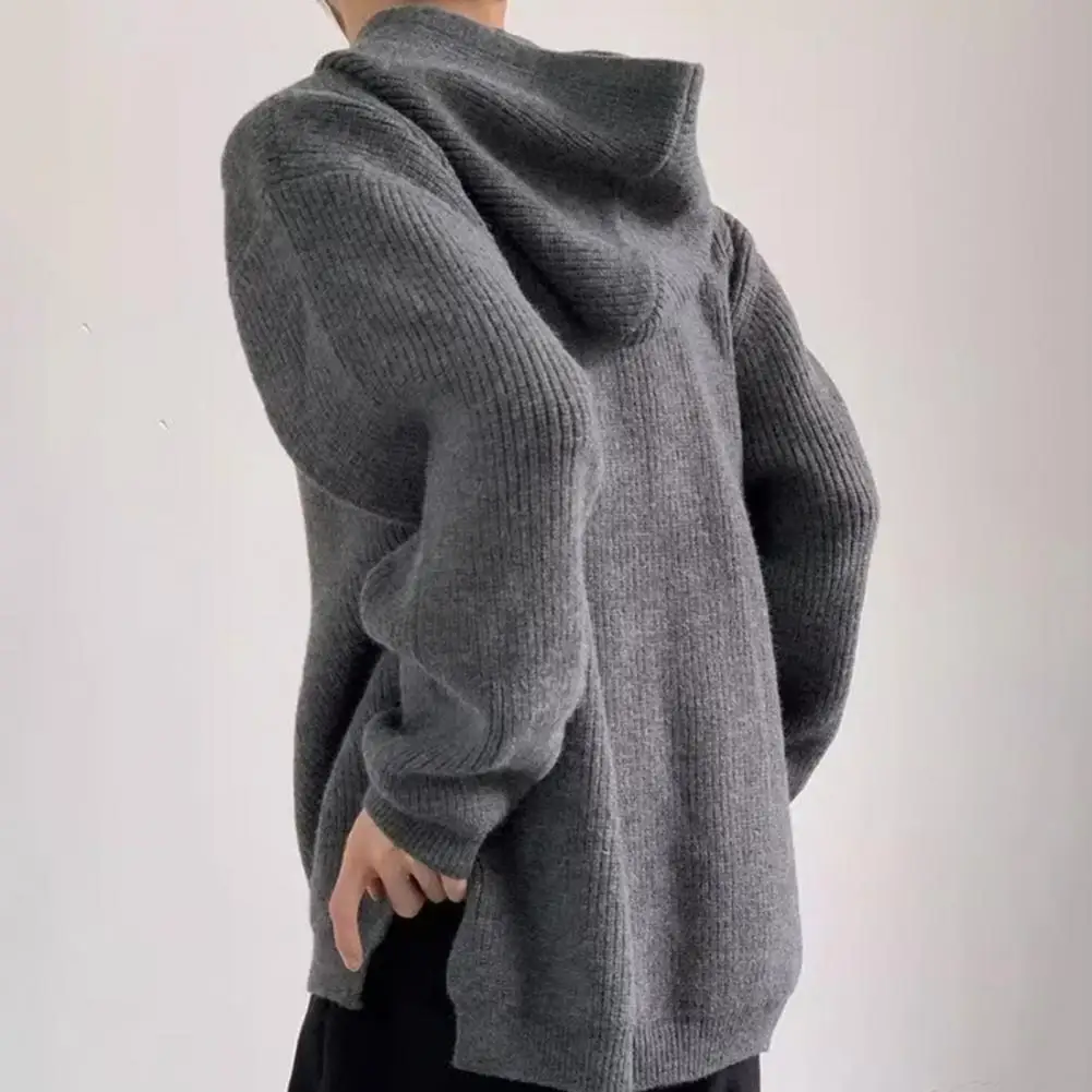 Side цепка пуловер уютен качулка мъжки плетен пуловер със страничен сплит ретро случайни пуловер топло средата дължина зимата есен стил мек Изображение 3