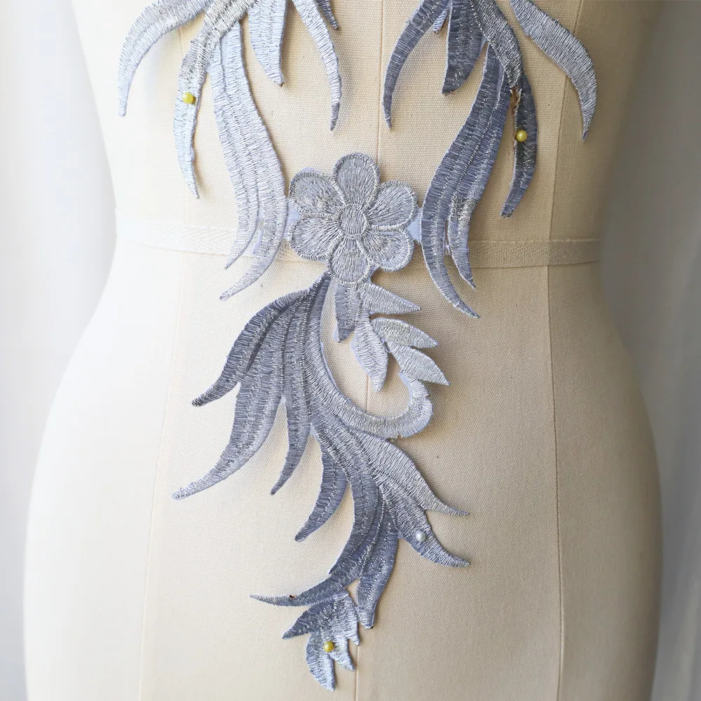 Голяма бродерия бароков сребърен цвете апликация плат яка шият желязо кръпка сватба булчинска рокля рокля DIY дрехи декор занаяти Изображение 3