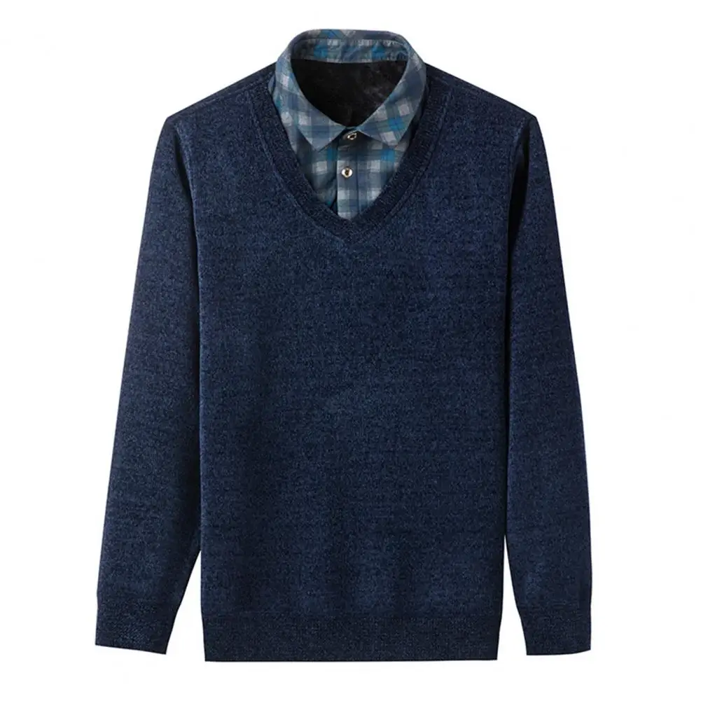 Мъжки дебел пуловер на средна възраст мъжки кариран печат пуловер с ревера бутон еластичен маншет дебела топла бизнес риза за есен зима Изображение 3