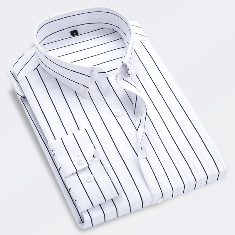 Нова мъжка раирана риза Solid Casual дълъг ръкав Slim Fit Korean Edition Бизнес официална риза Изображение 3