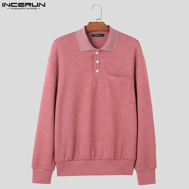 2023 Мъжки пуловер плътен цвят ревера дълъг ръкав улично облекло есен мъжки пуловери трикотажни корейски ежедневни мъжки дрехи S-5XL INCERUN Изображение 4