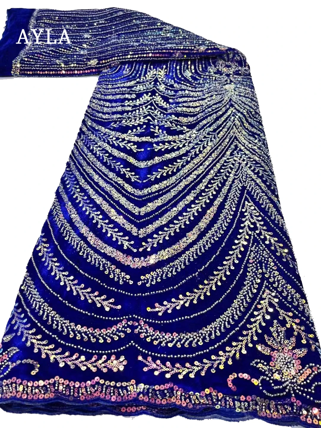 Висококачествена кадифена дантелена тъкан 2023 Дантела с мъниста бродерия за рокля Шиене, Royal Blue нигерийски пайети тъкани в продажба Изображение 4