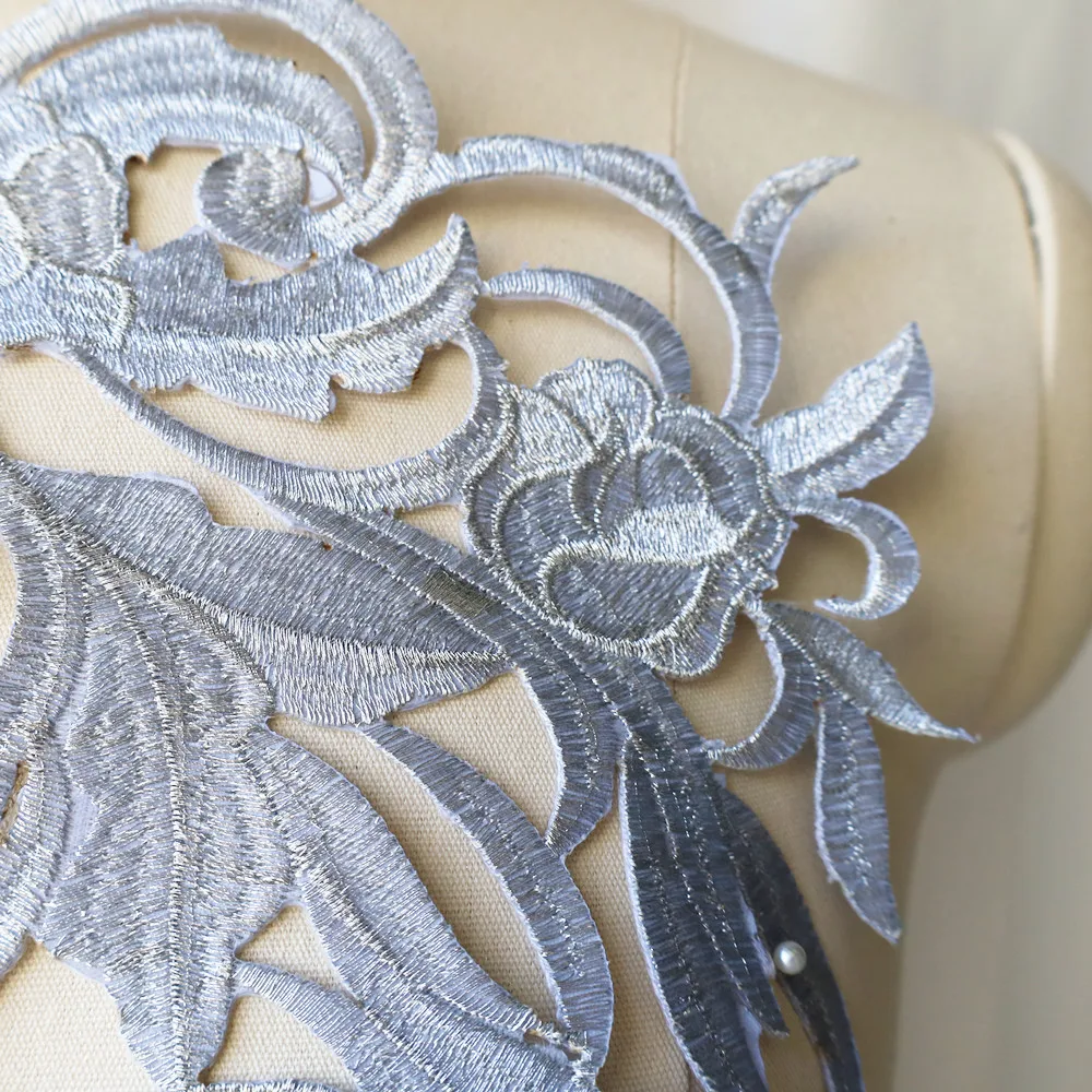 Голяма бродерия бароков сребърен цвете апликация плат яка шият желязо кръпка сватба булчинска рокля рокля DIY дрехи декор занаяти Изображение 4