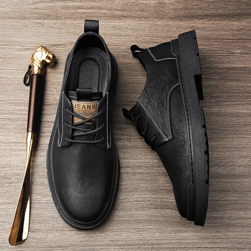 Кафява марка дебело дъно черни външни обувки за безопасност работни обувки изкуствена кожа работни обувки ежедневни оксфордски обувки дантела нагоре обувки B224 Изображение 4