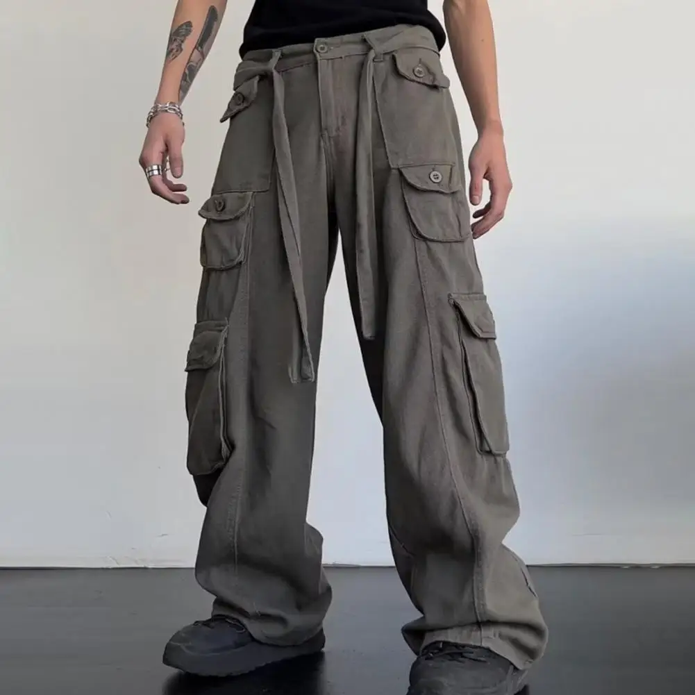 Множество джобни мъжки панталони универсални мъжки карго панталони стилен плътен цвят хлабав годни прави панталони с множество за пролетта Изображение 4