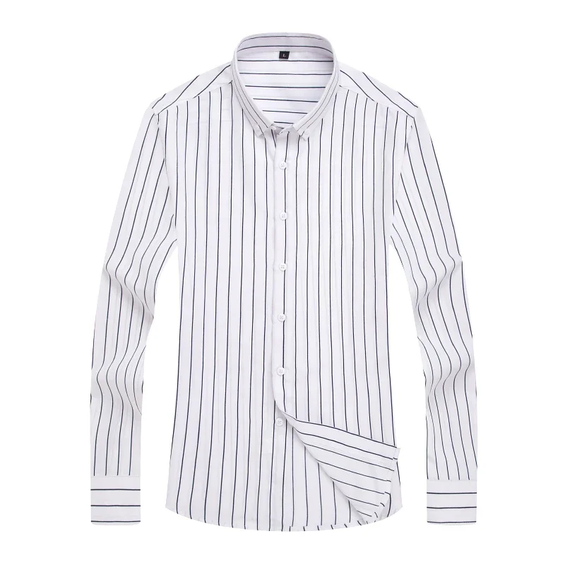 Нова мъжка раирана риза Solid Casual дълъг ръкав Slim Fit Korean Edition Бизнес официална риза Изображение 4