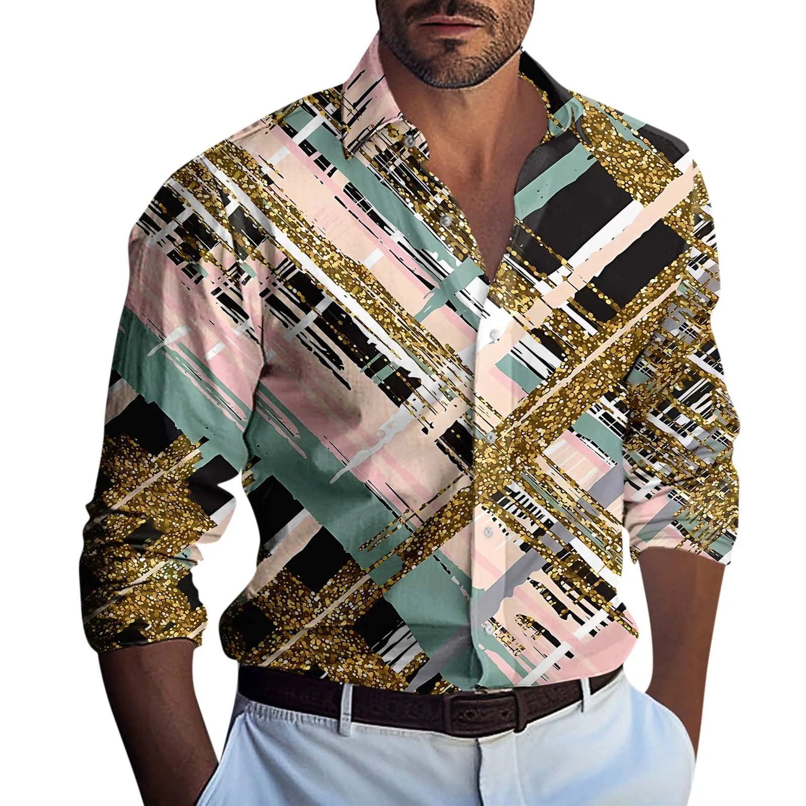 Реколта мъже случайни градиент дълъг ръкав риза пролет есен streetwear мъжки дрехи хлабав универсален мода бутон върховете Изображение 4