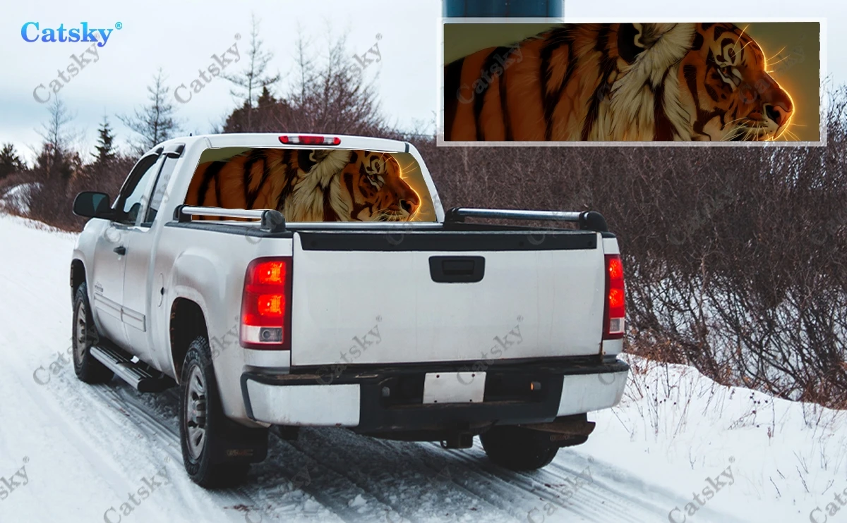 Skyfire Tiger Animal Rear Window Decal се вписва в пикап, камион, кола Universal See Through перфориран заден прозорец винил стикер Изображение 5