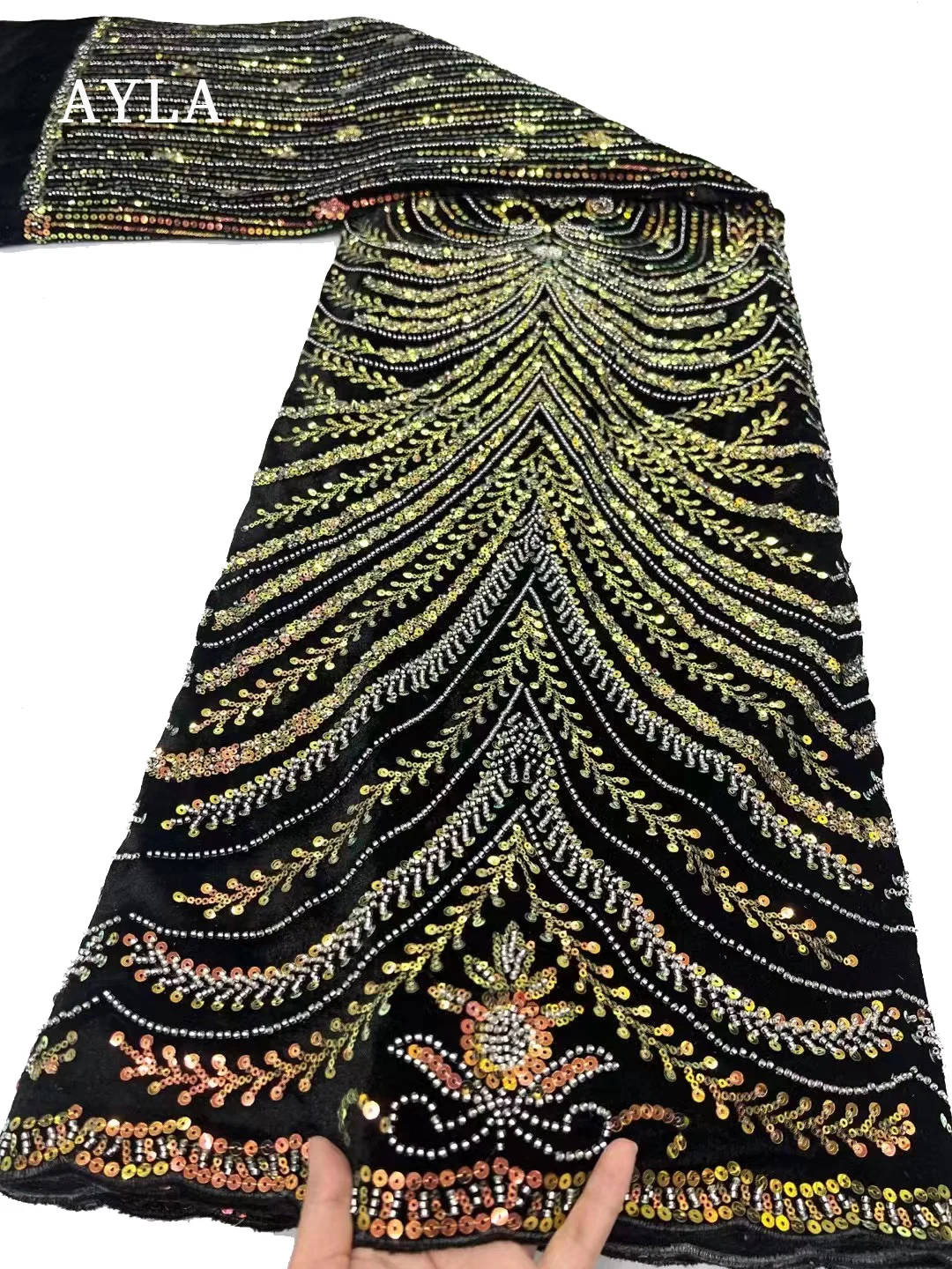 Висококачествена кадифена дантелена тъкан 2023 Дантела с мъниста бродерия за рокля Шиене, Royal Blue нигерийски пайети тъкани в продажба Изображение 5