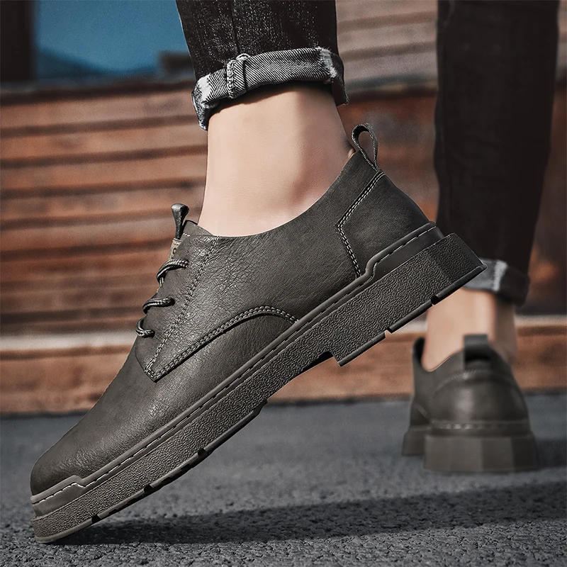 Кафява марка дебело дъно черни външни обувки за безопасност работни обувки изкуствена кожа работни обувки ежедневни оксфордски обувки дантела нагоре обувки B224 Изображение 5