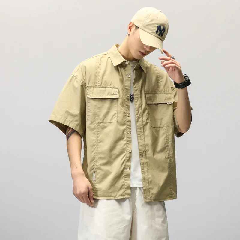Лято Японски товари къс ръкав риза Мъжки джобове бутон завой-надолу яка ризи мода случайни жилетка блузи върховете Изображение 5