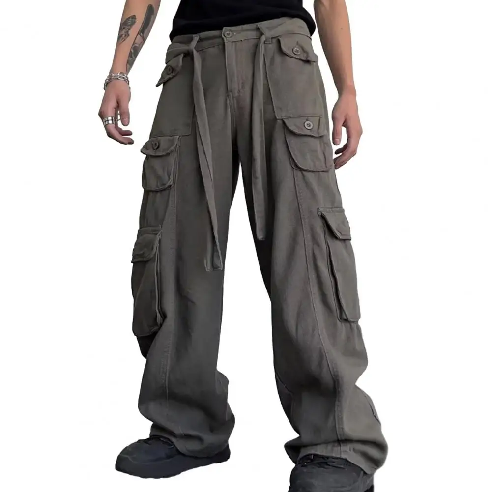 Множество джобни мъжки панталони универсални мъжки карго панталони стилен плътен цвят хлабав годни прави панталони с множество за пролетта Изображение 5