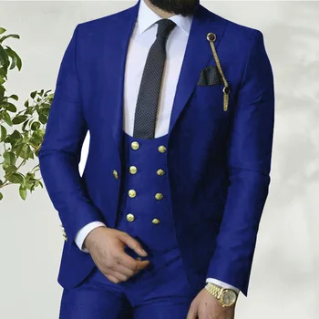 2023 Костюм Homme Италиански бизнес Slim Fit 3 броя кралски сини мъжки костюми младоженец абитуриентски смокинги Groomsmen Blazer за сватба 1