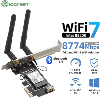 IOCREST Безжичен WiFi 7 Intel BE200 PCI-E мрежова карта Bluetooth 5.4 Tri Band 2.4G&5G&6GHz 8774Mbps BE200NGW чип 802.11be 1