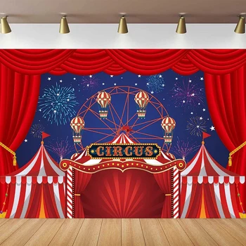 Червен цирк палатка фотография фон за рожден ден карнавал нощ тема парти декорация бебе душ фон торта таблица плакат 1