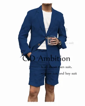 2023 Летен тъмносин ленен костюм за мъже Плажна сватба с къси панталони 2 части по поръчка Casual Best Man Terno Slim Fit Masculino 1