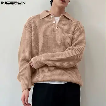 2023 Мъжки пуловер плътен цвят ревера дълъг ръкав улично облекло есен мъжки пуловери трикотажни корейски ежедневни мъжки дрехи S-5XL INCERUN 1