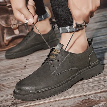 Кафява марка дебело дъно черни външни обувки за безопасност работни обувки изкуствена кожа работни обувки ежедневни оксфордски обувки дантела нагоре обувки B224