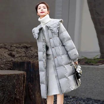 Китайски стил ключалка голям ревера надолу яке за жените зима 2024 Нова популярна средна дължина висок клас мода сняг клип преодолява 1