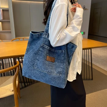 2023 Нова хараджуку измита дънкова чанта Женска чанта Голяма капацитет чанта за рамо Женска корейска версия момичета чанта 1
