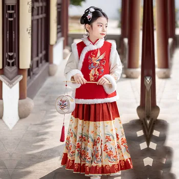 Момичета' Ханфу 2023 Зимен нов плюшен и удебелен годишен поздравителен комплект за китайска година, стил супер топла пола дълъг ръкав момиче 1
