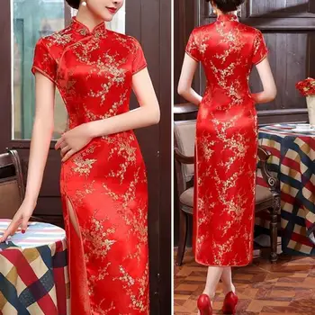Традиционна китайска рокля китайски национален стил флорална бродерия Cheongsam елегантна стойка яка рокля със страна за лятото 1