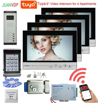 4v4 WiFi 9 инчов монитор Кабелна видео врата телефон Tuya APP дистанционно управление отключване видео домофонна звънец система за достъп RFID 1
