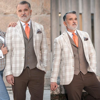 Костюм Homme Мъжки костюм 3 броя кариран блейзър кафяв жилетка панталони еднореден смокинг моден бизнес модерен сватбен младоженец 1