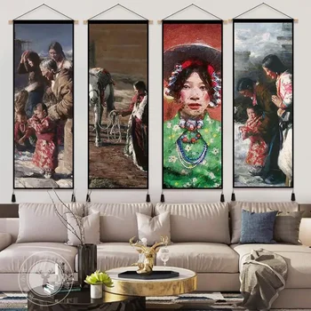 Нов модерен тибетски момиче изкуство гоблен маслена живопис стена висящи превъртане платно спалня живопис декор за дома живот декорация 1