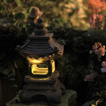 Смола слънчева павилион скулптура лампа ретро плавателни съдове водоустойчива пагода LED слънчева светлина микро пейзаж декор за външна градина 1